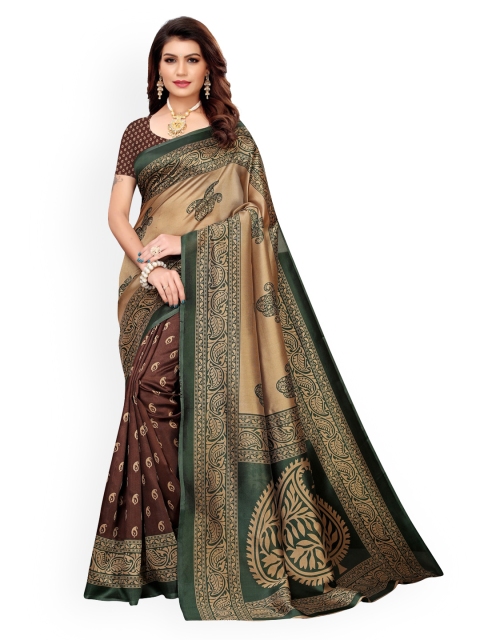 

KALINI Brown & Green Poly Silk Printed Pochampally Saree