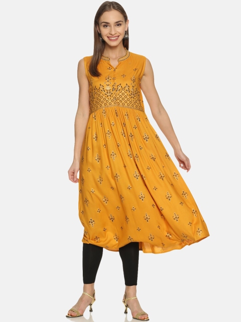 

Saffron Threads Women Mustard Yellow Ethnic Motifs Printed Anarkali Kurta