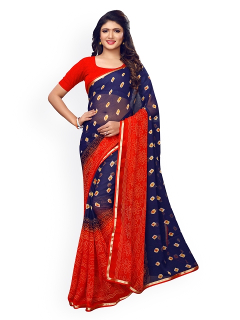 

KALINI Navy Blue & Red Pure Chiffon Printed Saree