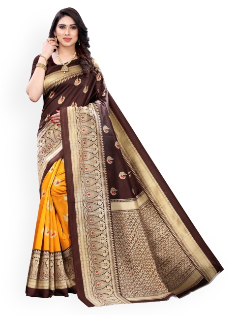 

KALINI Brown & Orange Poly Silk Printed Pochampally Saree