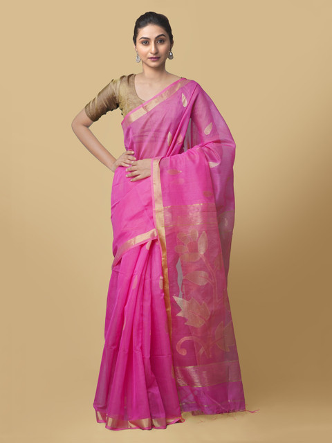 

Unnati Silks Pink Silk Cotton Woven Design Maheshwari Saree
