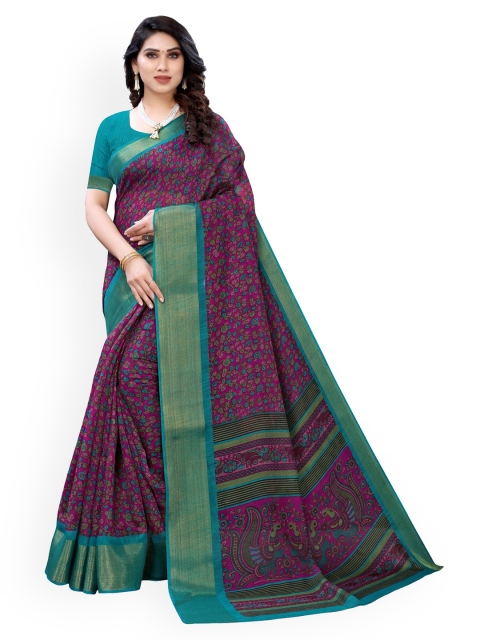 

KALINI Purple Floral Printed Polycotton Saree