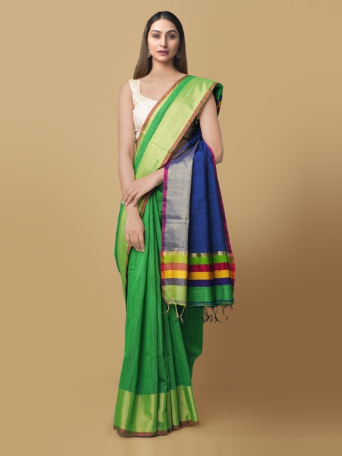 

Unnati Silks Green & Blue Silk Cotton Solid Kanjeevaram Saree