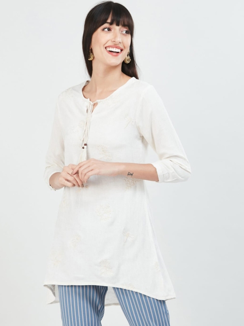 

max White Floral Embroidered Tie-Up Neck Georgette A-Line Longline Top