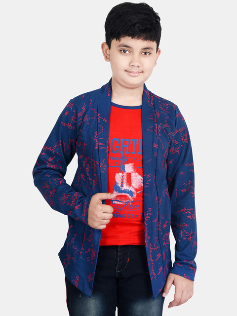 

Fabshio Boys Blue & Red Typography Printed T-shirt with Attached Jacket