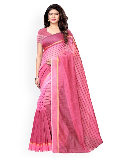 

KALINI Pink Silk Blend Striped Kanjeevaram Saree