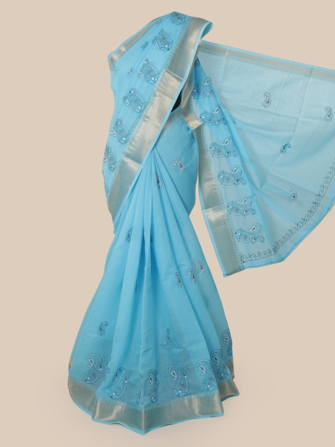 

Pothys Blue Cotton Blend Embroidered Chanderi Saree