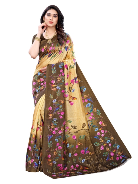 

KALINI Cream-Coloured & Brown Poly Silk Printed Saree