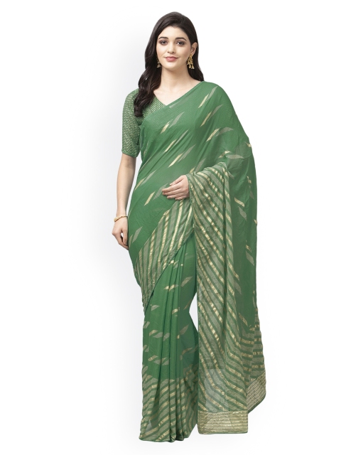 

KALINI Green & Gold-Toned Pure Georgette Striped Saree