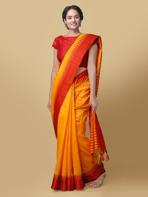 

Unnati Silks Yellow & Red Art Silk Solid Baluchari Saree