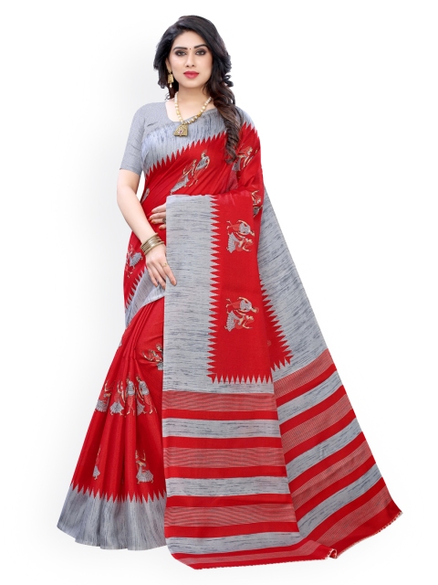

KALINI Red & Grey Silk Blend Printed Khadi Saree