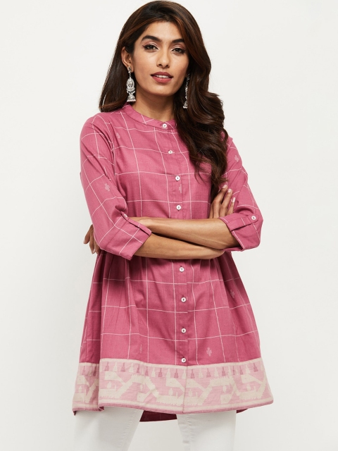 max Pink Checked Mandarin Collar Shirt Style Longline Top