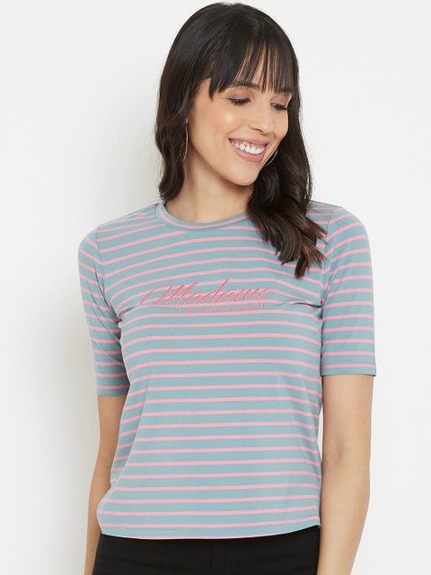 

Madame Teal Blue & Pink Striped Regular Top