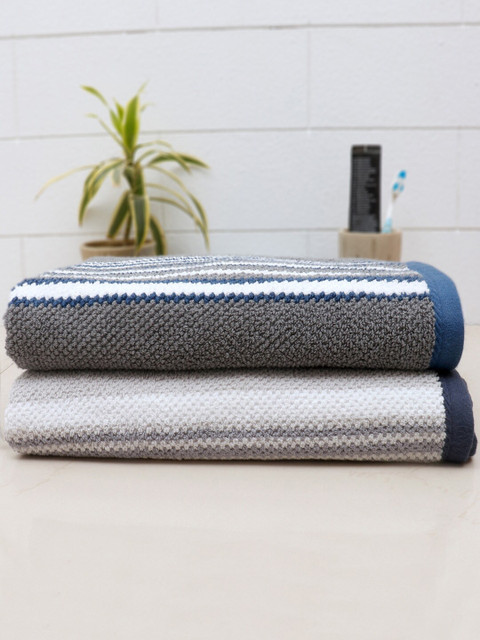 

AVI Living Unisex Set Of 2 Striped 550 GSM Cotton Bath Towels, Grey