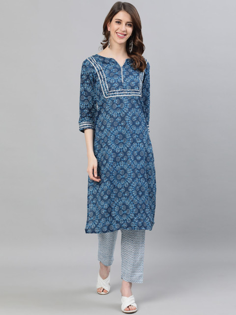 

Ishin Women Navy Blue Floral Printed Panelled Pure Cotton Kurti with Trousers