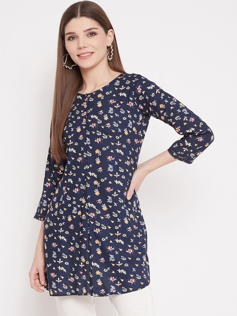 

Tissu Women Navy Blue & Yellow Floral Printed Straight Kurti