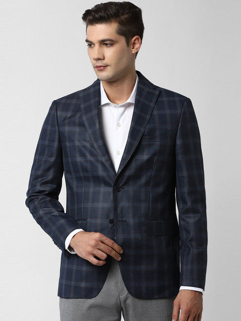 

Peter England Elite Men Navy Blue & White Checked Slim-Fit Single-Breasted Formal Blazer