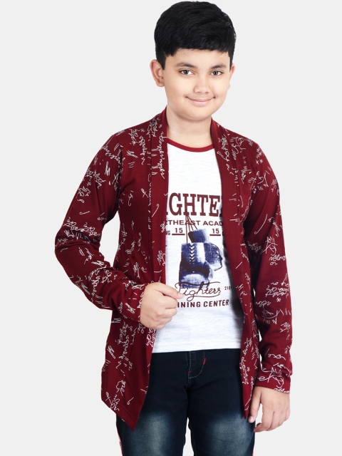 

Fabshio Boys Maroon & White Printed T-shirt with Attached Shrug