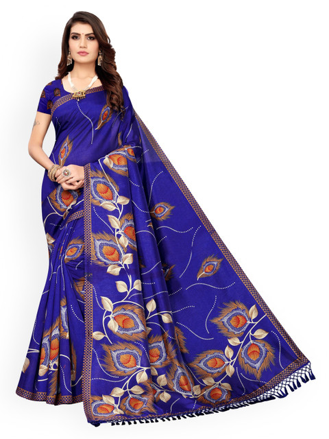 

KALINI Blue Printed Poly Silk Saree With Tasseled Pallu