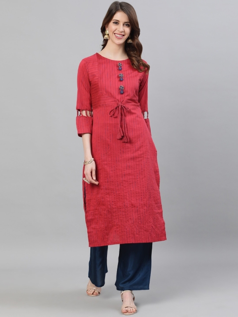 

Ishin Women Red & Blue Striped Kurta with Trousers