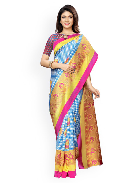 

KALINI Blue & Yellow Poly Silk Printed Saree
