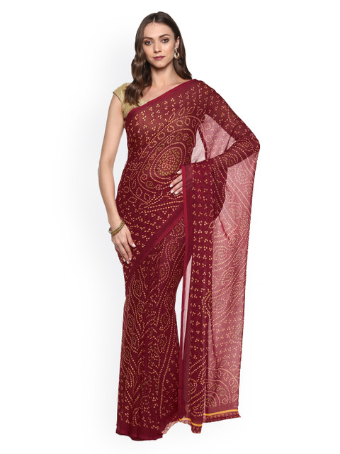 

KALINI Maroon Bandhani Printed Pure Chiffon Saree