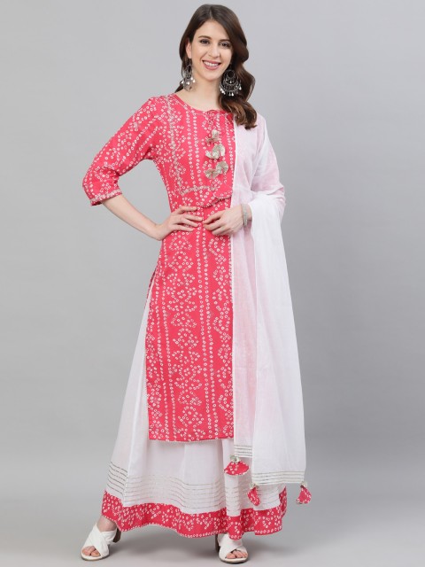 

Ishin Women Pink & White Bandhani Printed Pure Cotton Kurta with Skirt & With Dupatta