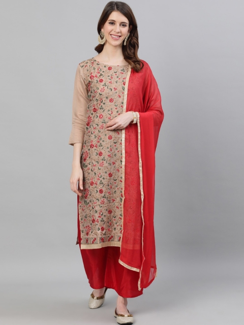 

Ishin Women Beige Ethnic Motifs Embroidered Regular Straight Thread Work Pure Silk Kurta