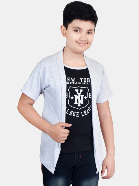 

Fabshio Boys Grey Typography Printed T-shirt with Attached Jacket