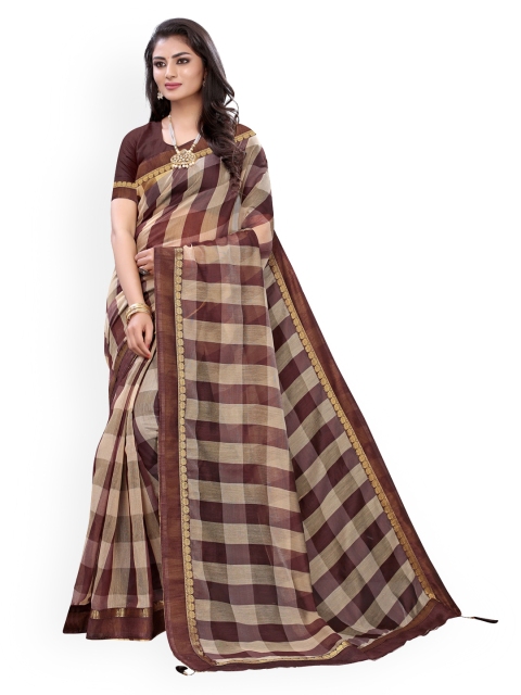 

KALINI Brown Polycotton Checked Banarasi Saree
