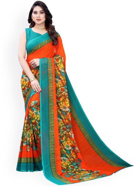 

KALINI Orange Floral Printed Pure Georgette Saree