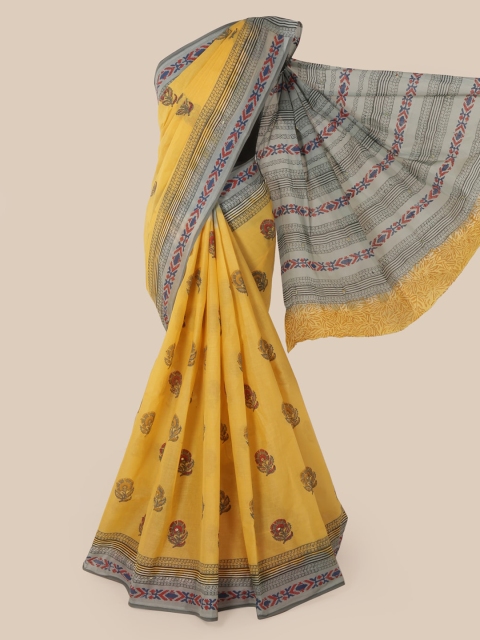 

Pothys Yellow & Grey Pure Cotton Printed Saree