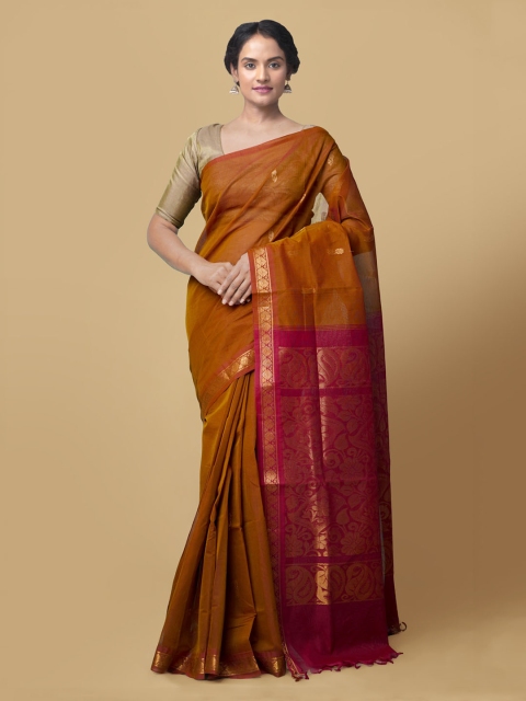 

Unnati Silks Rust Brown & Gold-Toned Pure Cotton Woven Design Gadwal Saree