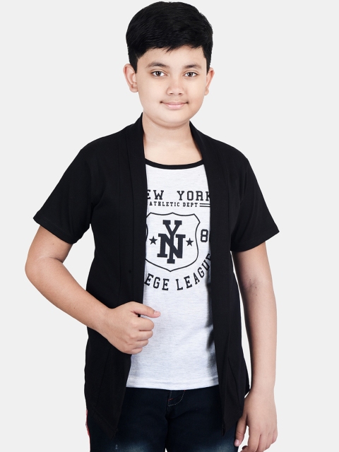 

Fabshio Boys Black & White Printed T-shirt with Attached Shrug
