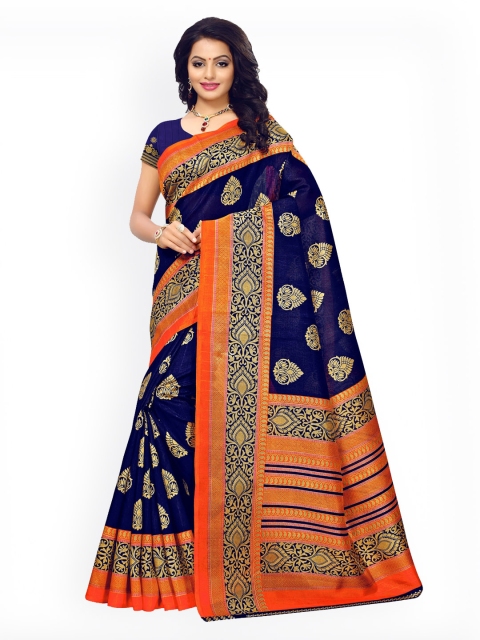 

KALINI Navy Blue & Orange Poly Silk Printed Pochampally Saree