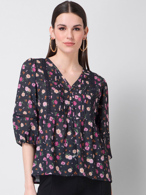 

FabAlley Black Floral Printed Crepe A-Line Top