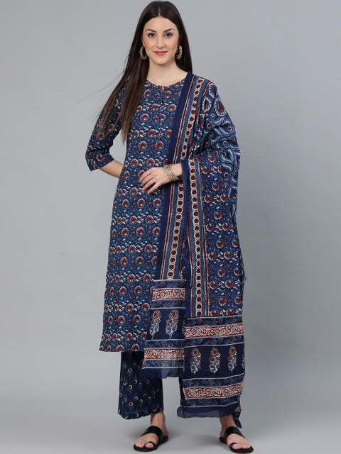 

Nayo Women Blue Printed Straight Kurta Wiith Plazo & Dupatta