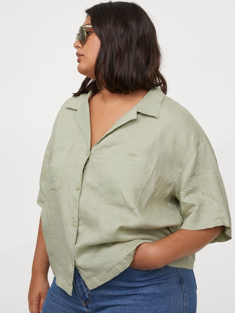 

H&M+ Women Olive Green Solid Linen Resort Shirt