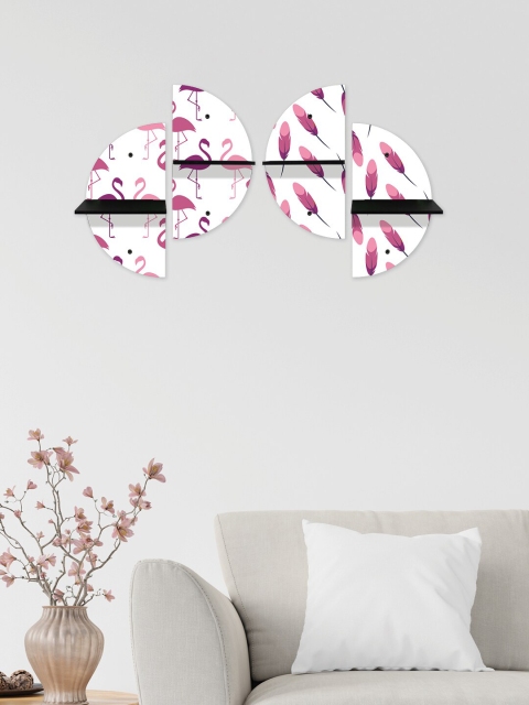 

RANDOM Set Of 4 White & Pink Flamingo Printed MDF Basic Wall Shelves