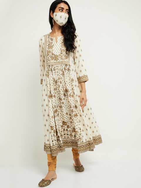 

max Women Cream-Coloured & Khaki Ethnic Motifs Printed Anarkali Kurta & 2-Ply Cloth Mask