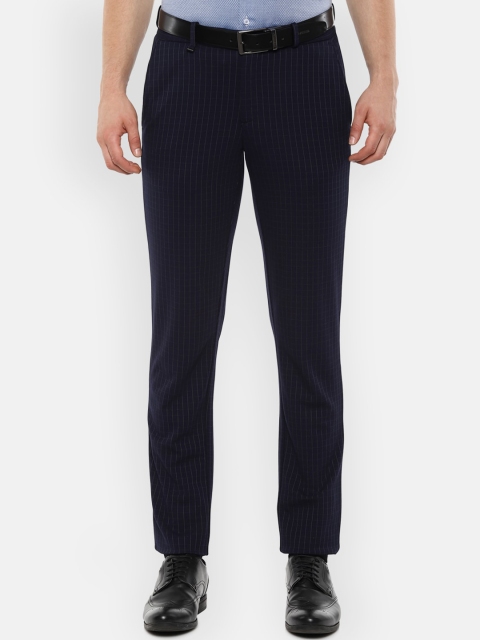 Van Heusen Men Navy Blue & White Slim Fit Checked Formal Trousers