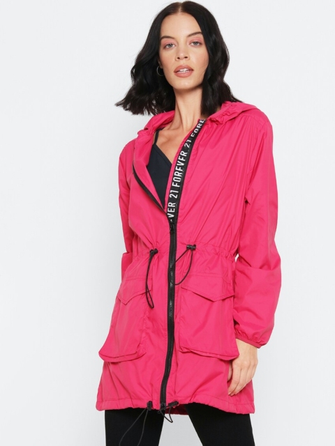 

FOREVER 21 Women Pink Solid Hooded Longline Jacket