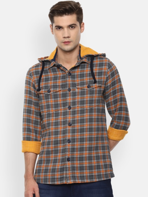 

Louis Philippe Jeans Men Yellow & Navy Blue Slim Fit Checked Casual Shirt