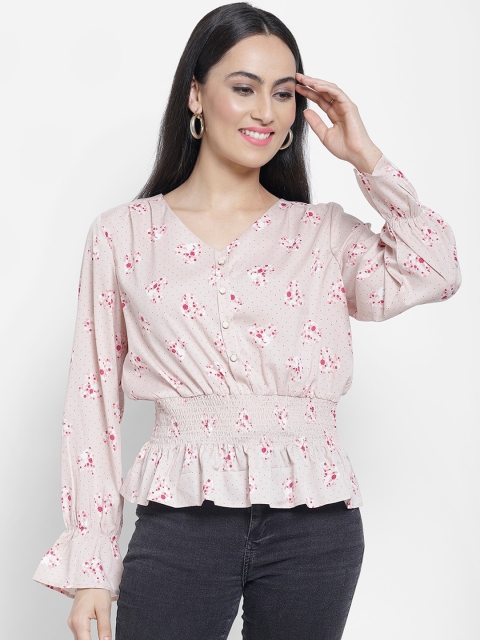 

NIXX Peach-Coloured Floral Smocked Crepe Peplum Top