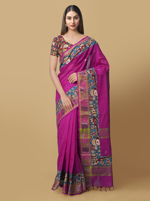 

Unnati Silks Pink Pure Cotton Solid Mangalagiri Saree