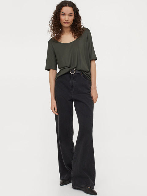 

H&M Women Olive Green Solid Low-Necked T-Shirt