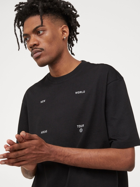 

H&M Men Black Printed Relaxed Fit Cotton T-Shirt