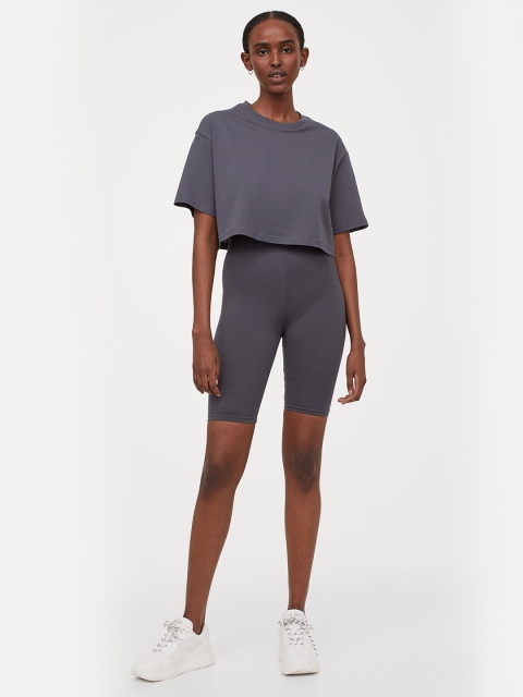

H&M Women Grey Solid Cropped Cotton T-shirt