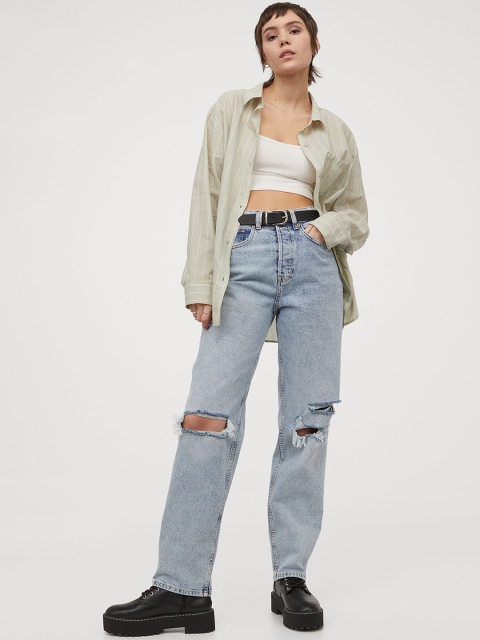 

H&M Women Green Oversized Cotton Shirt