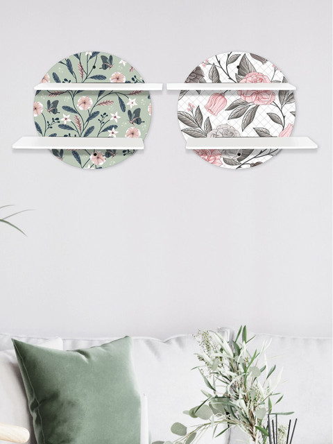

RANDOM Set Of 2 Green & White Floral Printed MDF Basic Wall Shelves